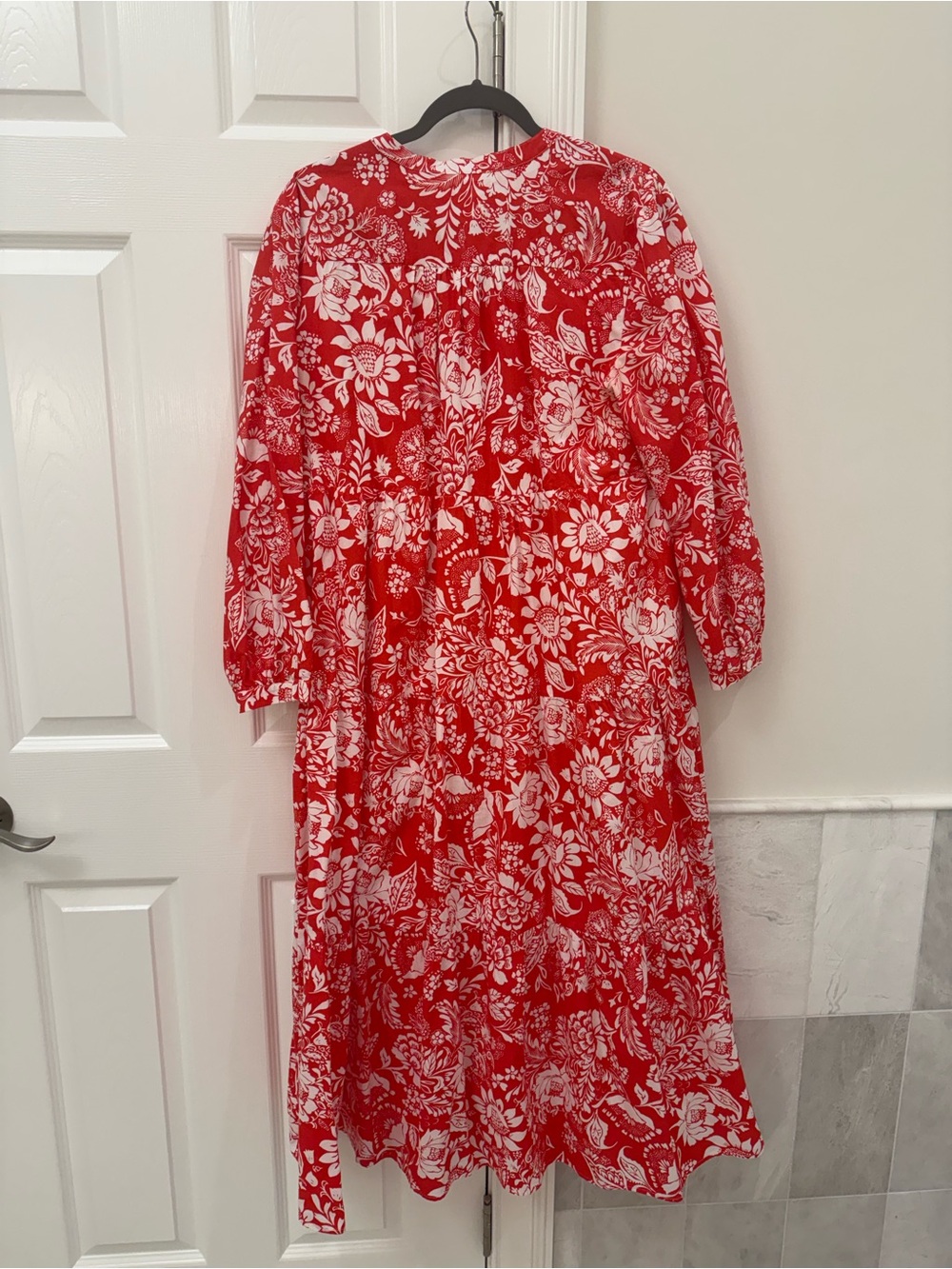 Red Floral Maxi Dress with White Floral Pattern — Women's Tiered Maxi - Picture 2 of 4